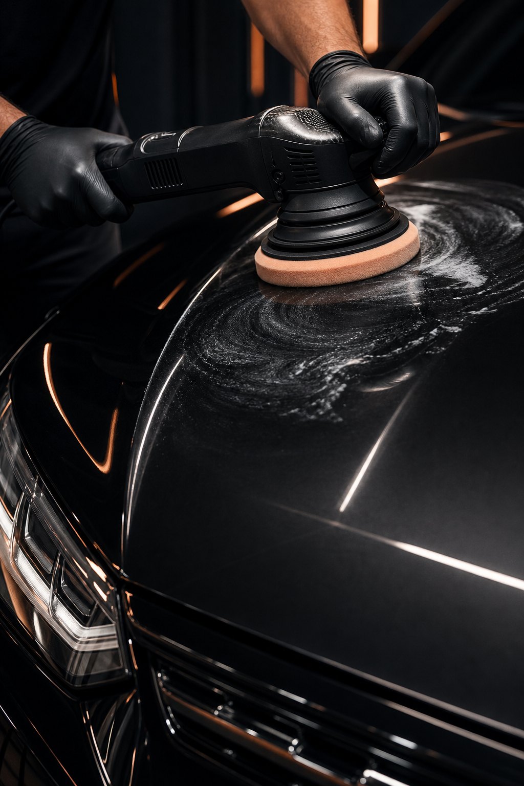 A detailer carefully machine polishing a dark vehicle